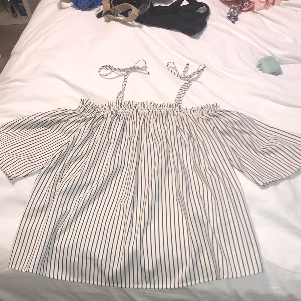 Black and white striped semi off the shoulder Top